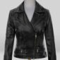 Black leather biker jacket for women with asymmetrical zipper closure, quilted shoulder design, zippered pockets, and notch lapel collar on mannequin.