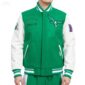 Philadelphia Eagles retro varsity jacket with green wool body, white leather sleeves, and front zipper closure – classic sports style.
