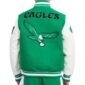 Philadelphia Eagles retro varsity jacket with green wool body, white leather sleeves, and front zipper closure – classic sports style.