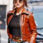 Selena Gomez-inspired Coach SS18 brown wax real leather jacket with front zipper closure and zipper pockets.