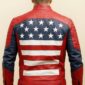 Men's USA Flag Biker Jacket made from real leather featuring a front zipper closure and two waist zipper pockets with patriotic red, white, and blue design.