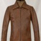 Brown leather jacket inspired by X-Men: Days of Future Past, featuring a front zipper closure and zipper pockets, displayed on a mannequin.