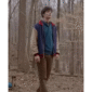 Varsity jacket inspired by Will Byers from Stranger Things S05, featuring a navy wool body, tan leather sleeves, and striped rib-knit collar and cuffs.