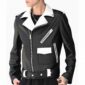 Black and white real leather biker jacket inspired by Justin Bieber, featuring a white lapel collar, asymmetrical zipper, belted waist, and zippered cuffs.