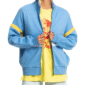 Light blue fleece jacket inspired by Max Mayfield from Stranger Things Season 4, featuring yellow stripes on the sleeves and a white horizontal stripeMax Mayfield S04 fleece jacket from Stranger Things. Light blue with yellow and white stripes, cozy zip-up style inspired by her iconic screen look.
