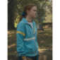 Light blue fleece jacket inspired by Max Mayfield from Stranger Things Season 4, featuring yellow stripes on the sleeves and a white horizontal stripe