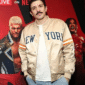 beige satin varsity jacket with 
