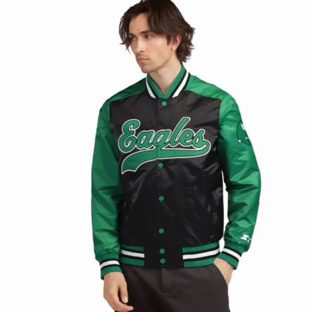 Philadelphia Eagles Varsity Satin Jacket featuring team logo, snap button closure, rib-knit cuffs, and glossy green-black finish.