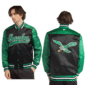 Philadelphia Eagles Varsity Satin Jacket featuring team logo, snap button closure, rib-knit cuffs, and glossy green-black finish.