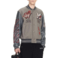 Off-White™ x A.C. Milan Devil Varsity Jacket in grey with leather sleeves.