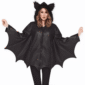 Real leather bat wing jacket with faux fur hood and cat ears, featuring extended wing-style sleeves and front zipper closure, shown front and back.