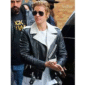 Black and white real leather biker jacket inspired by Justin Bieber, featuring a white lapel collar, asymmetrical zipper, belted waist, and zippered cuffs.