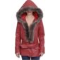 Goldie Hawn red leather jacket with faux fur hood inspired by The Christmas Chronicles, featuring belted waist and winter holiday design.