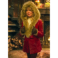 Goldie Hawn red leather jacket with faux fur hood inspired by The Christmas Chronicles, featuring belted waist and winter holiday design.