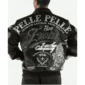 Black Pelle Pelle leather jacket with studded front lettering and embroidered tiger design on the back.