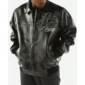 Black Pelle Pelle leather jacket with studded front lettering and embroidered tiger design on the back.