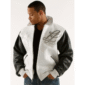 Men’s 90s white Pelle Pelle leather jacket with black sleeves, front embroidery, and Notorious BIG inspired back design with embellishments.