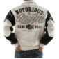Men’s 90s white Pelle Pelle leather jacket with black sleeves, front embroidery, and Notorious BIG inspired back design with embellishments.