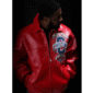 Pelle Pelle Chi-Town red leather jacket with blue and white embroidered artwork on front and back, full zip, and ribbed hem and cuffs.