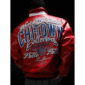 Pelle Pelle Chi-Town red leather jacket with blue and white embroidered artwork on front and back, full zip, and ribbed hem and cuffs.
