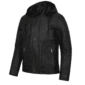 Men's black leather jacket, hooded biker jacket, motorcycle style jacket, streetwear fashion, versatile leather jacket.